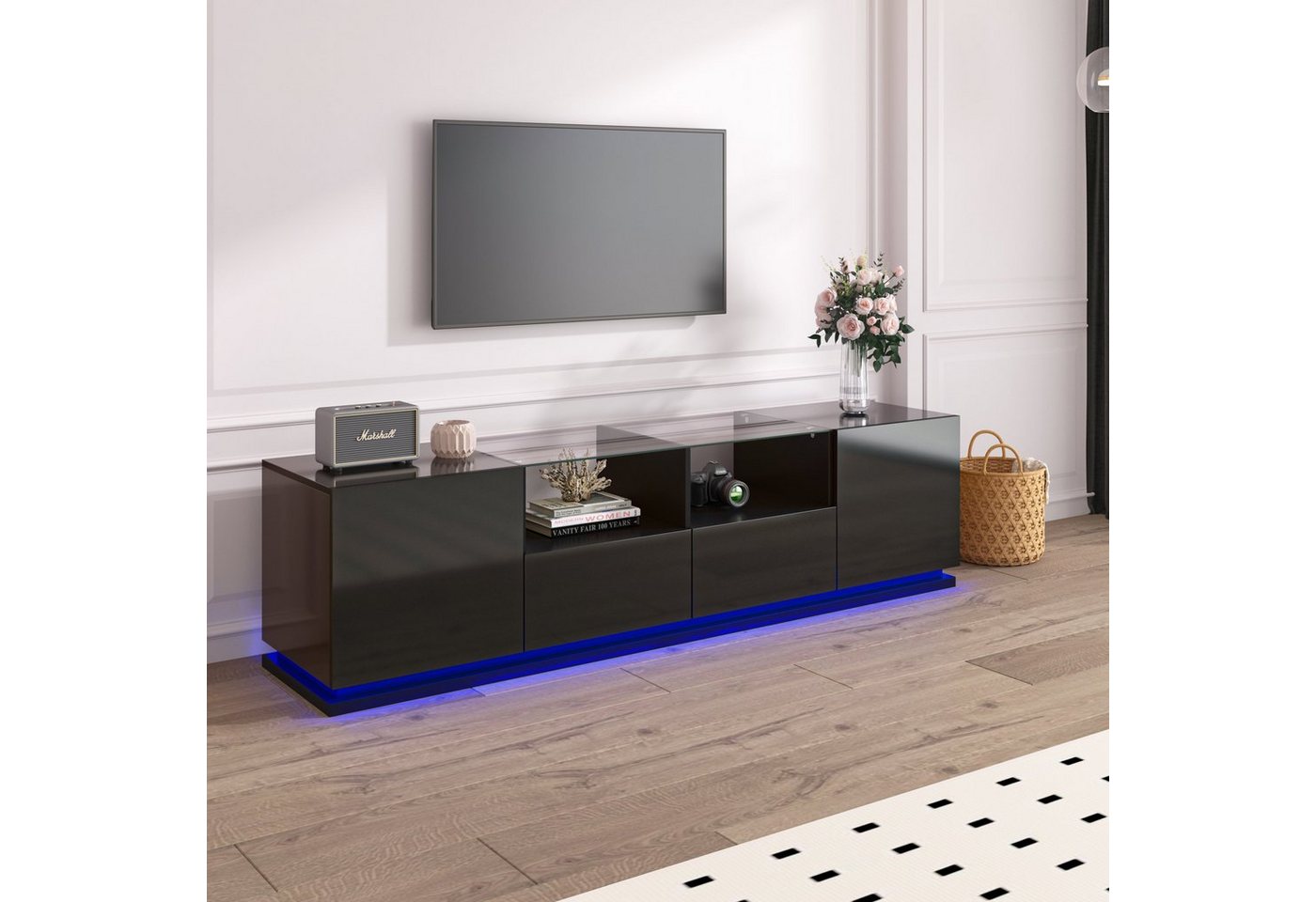 REDOM TV-Schrank Lowboard hochglanz mit Türen und Schubladen, mit Glastischplatte und LED von REDOM