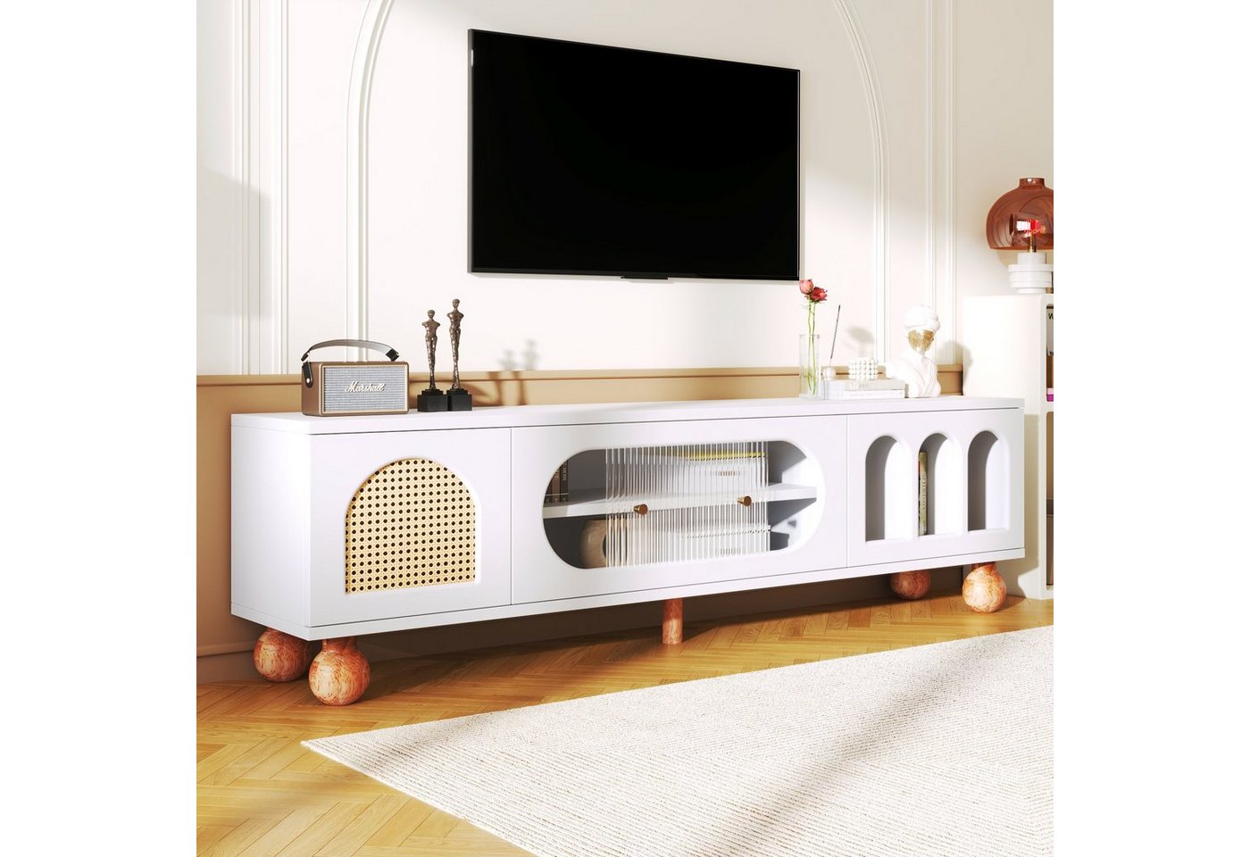 REDOM TV-Schrank Lowboard mit Glasschiebetüren, Fernsehtisch, Stauraum, Rattantür von REDOM