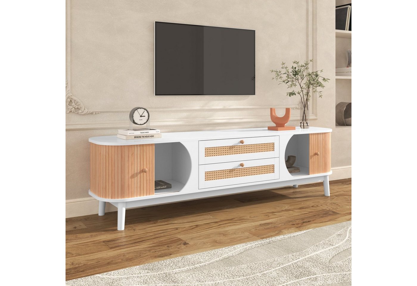 REDOM TV-Schrank TV-Schrank-Natürlicher Holz-Blend TV-Schrank (TV-Schrank mit Türen und Schubladen, TV-Ständer mit Rattanseiten) Natürlicher Landhausstil. von REDOM