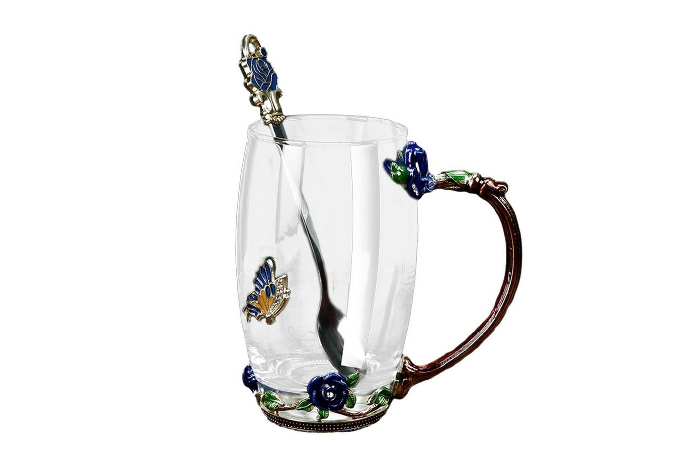 REDOM Teeglas Glas Teetasse Teebecher Kaffeetasse Saftgläser Wassergläser mit Löffel, Emaille Henkeln/Glas Körper, Emaille Henkeln Geschenk Damen Frauen Mütter Valentinstag 320ML/350ML von REDOM