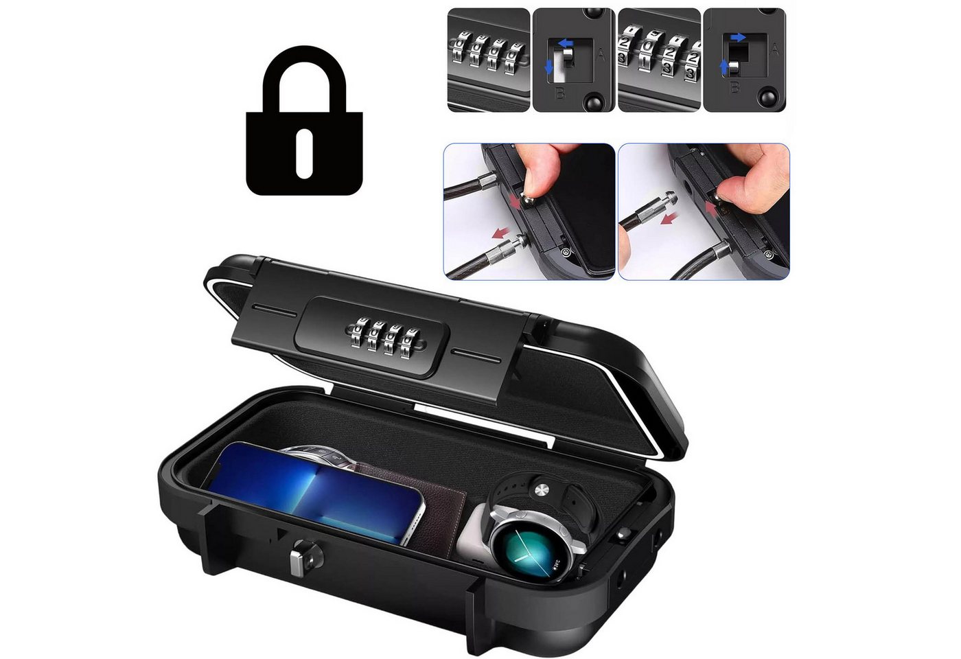 REDOM Tresor Mobiler Tresor Reisesafe Sicherheitstresor Geldkassette Wertfach (mit 4-stelligem Zahlenschloss robustem Stahlsicherungsseil, 1-St., Mobiler Mini Safe für Reisen Büro Zuhause), Tragbarer Safe Kompakter mit Zahlenschloss Stahlseil von REDOM