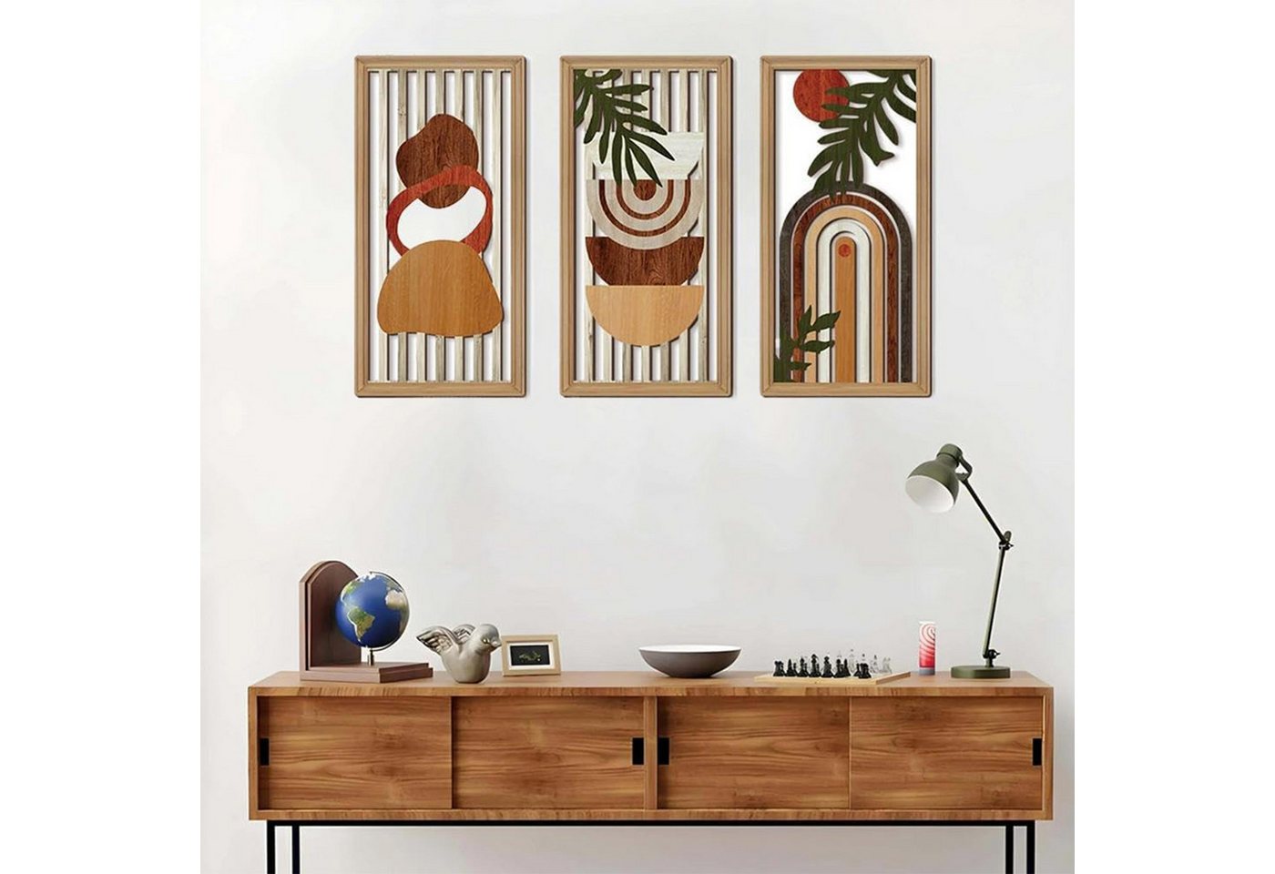 REDOM Wanddekoobjekt Wanddeko Wandbild Wandkunst 3er-Set Abstrakte Holzbilder 30x15 cm (Abstrakte Motive mit warmen Erdtönen und geometrischen Formen, 3 St., Wandbehang Wanddekoration Boho mit 3D-Effekt), für Dekorationen Haus Wohnzimmer Schlafzimmer Küche Korridor von REDOM