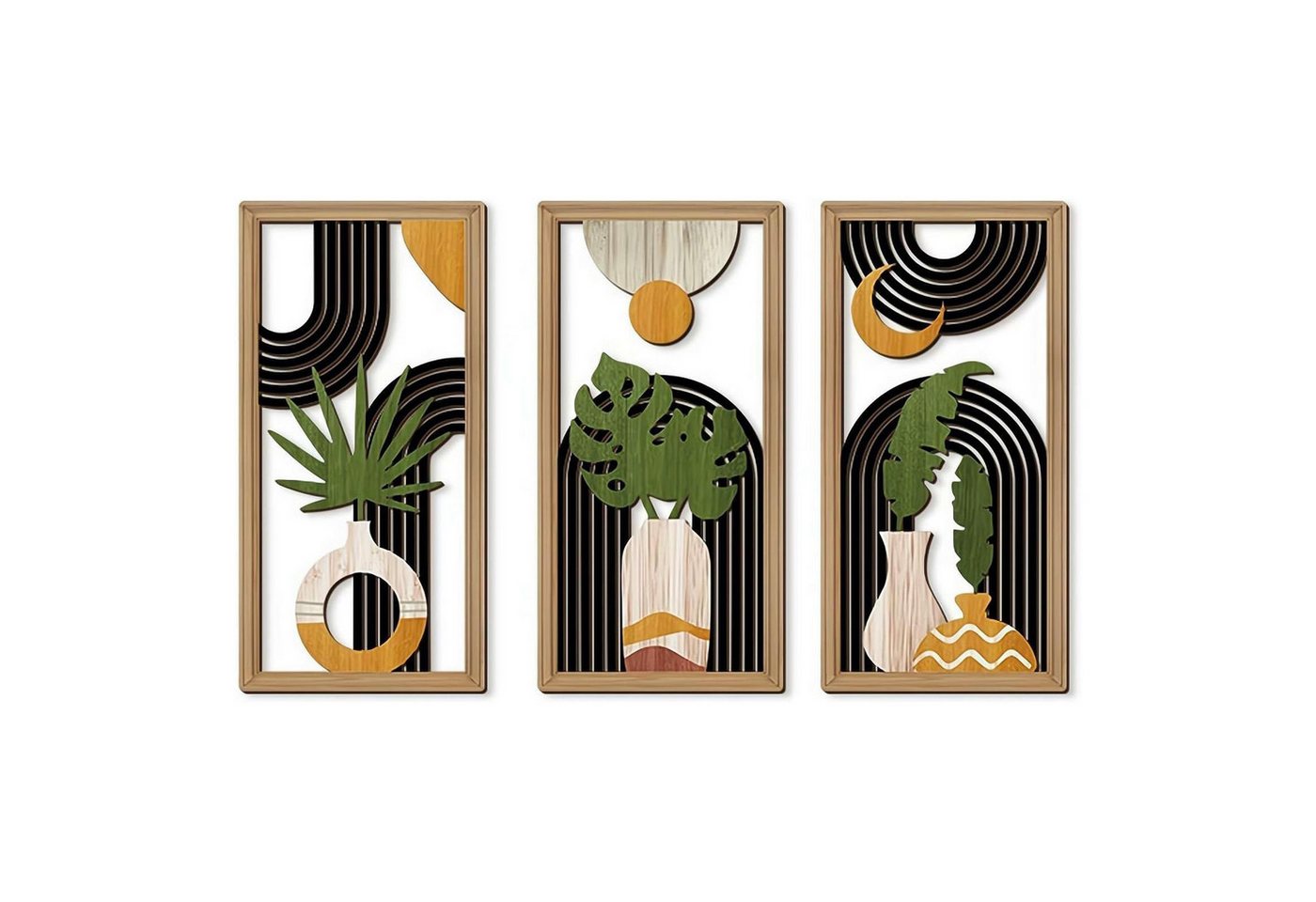 REDOM Wanddekoobjekt Wanddeko Wandbild Wandkunst 3er-Set Abstrakte Holzbilder 30x15 cm (Abstrakte Motive mit warmen Erdtönen und geometrischen Formen, 3 St., Wandbehang Wanddekoration Boho mit 3D-Effekt), für Dekorationen Haus Wohnzimmer Schlafzimmer Küche Korridor von REDOM