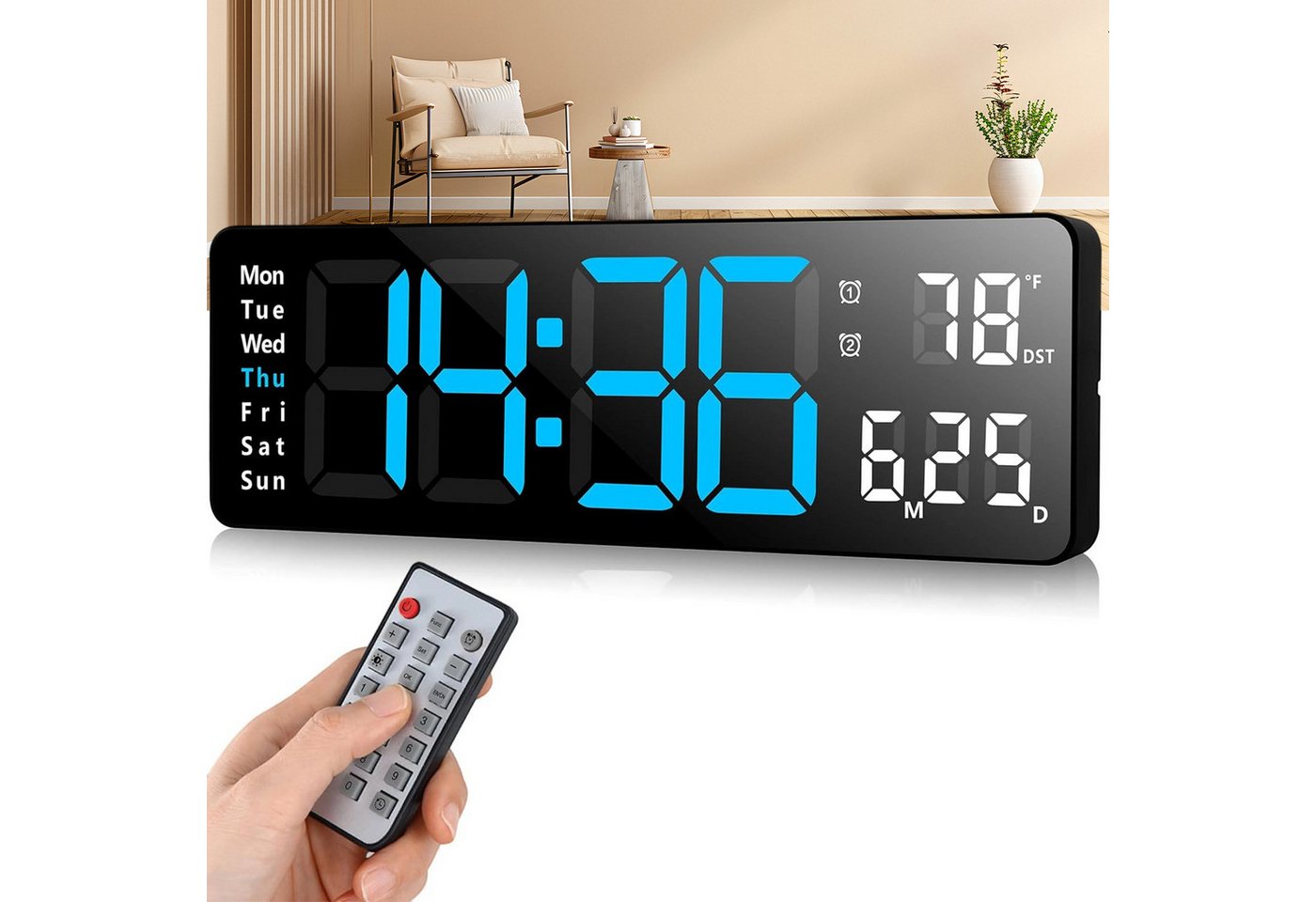 REDOM Wanduhr Elektronische Uhr mit Temperaturanzeige Fernbedienbare LED-Digitaluhr (mit 13-Zoll Display Timer Countdown Temperaturanzeige Fernbedienung) von REDOM