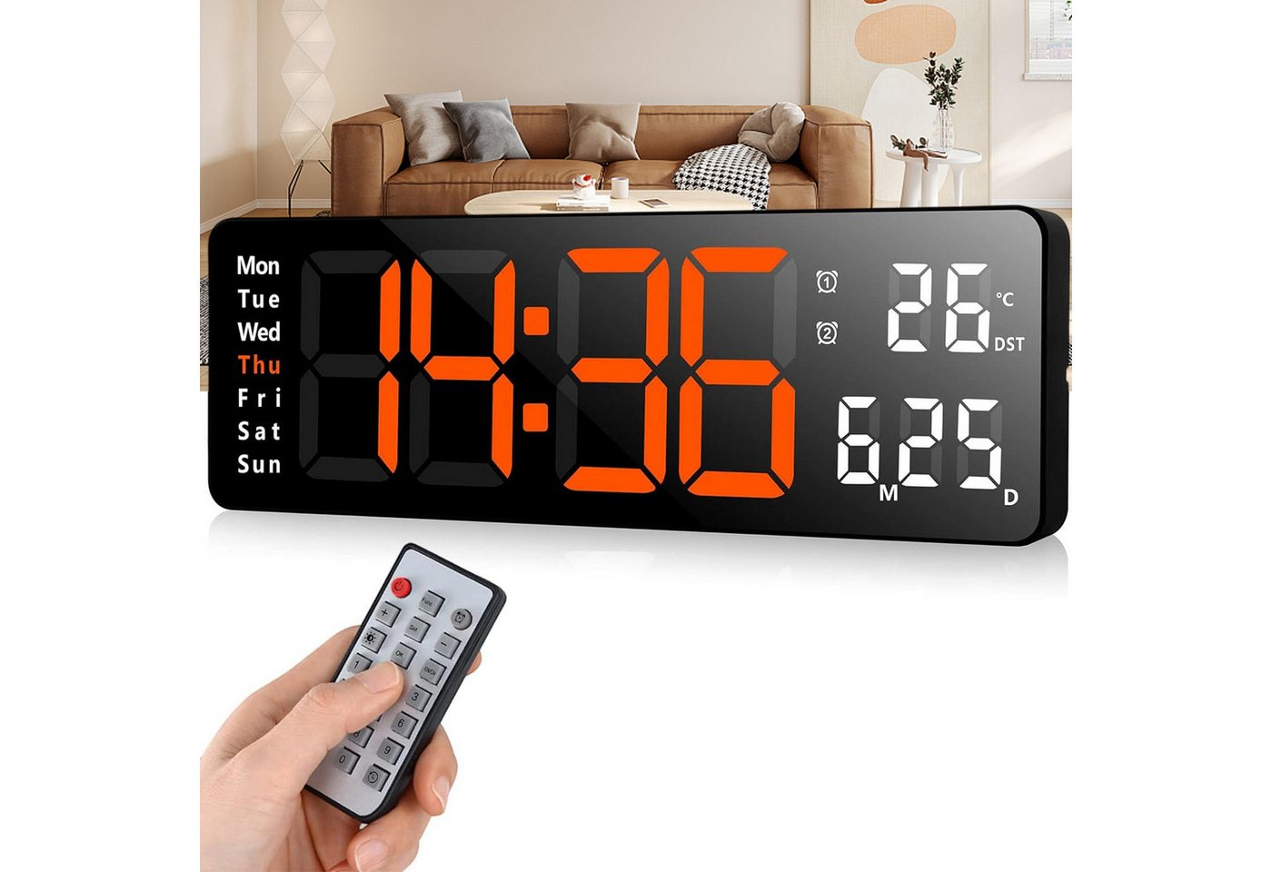 REDOM Wanduhr Elektronische Uhr mit Temperaturanzeige Fernbedienbare LED-Digitaluhr (mit 13-Zoll Display Timer Countdown Temperaturanzeige Fernbedienung) von REDOM