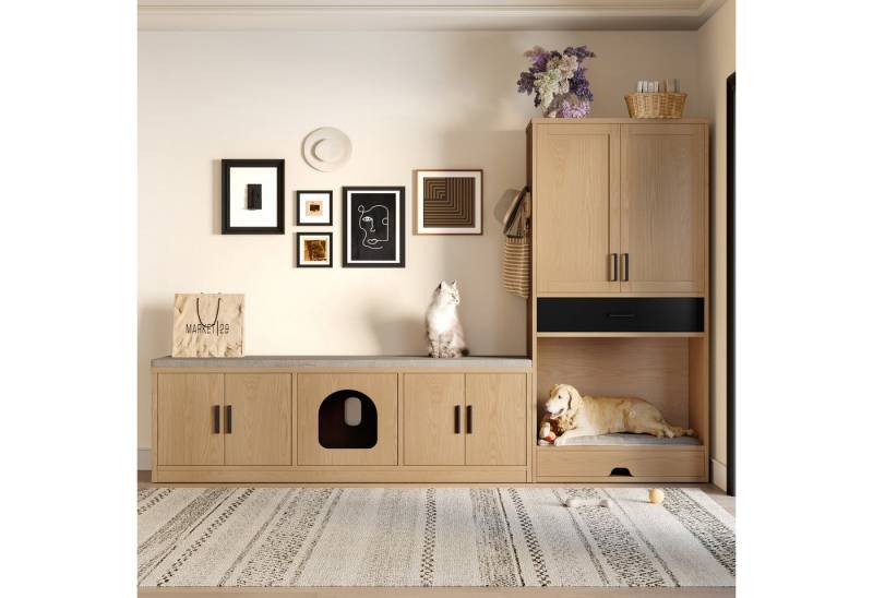REDOM Wohnzimmer-Set Haustiermöbel-Set, (Futterstation, Katzenschrank, 2-St), Schrankbank, Hochschrankkommt mit Hundebett von REDOM