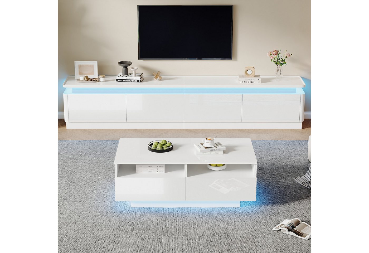 REDOM Wohnzimmer-Set Hochglanz Wohnzimmermöbel Set mit LED, (Fernsehtisch, TV-Schrank, 1-St., mit LED-Leuchten + Schubladen), für 75-Zoll-Fernseher von REDOM