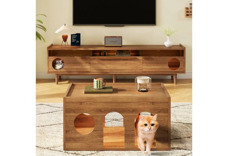REDOM Wohnzimmer-Set Katzenfreundliches Möbelset mit TV-Schrank und Couchtisch, (Wohnzimmermöbel, 2-St., LED-Fernsehschrank mit Katzenkorb), Haustier-Möbel, Nussbaum-Möbel-Set von REDOM