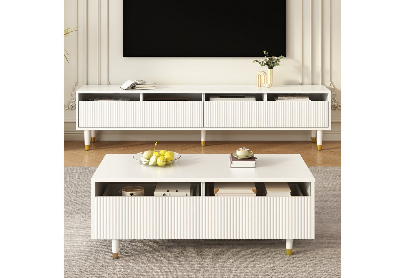 REDOM Wohnzimmer-Set mit LED-beleuchteter, (TV-Schrank+Wohnzimmertisch, 2-St., 3D-Wellen-Design,Acrylplatten), mit vier Türen,zwei Schubladen von REDOM