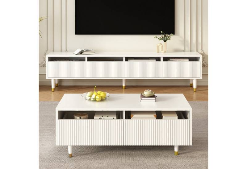 REDOM Wohnzimmer-Set mit LED-beleuchteter, (TV-Schrank+Wohnzimmertisch, 2-St., 3D-Wellen-Design,Acrylplatten), mit vier Türen,zwei Schubladen von REDOM