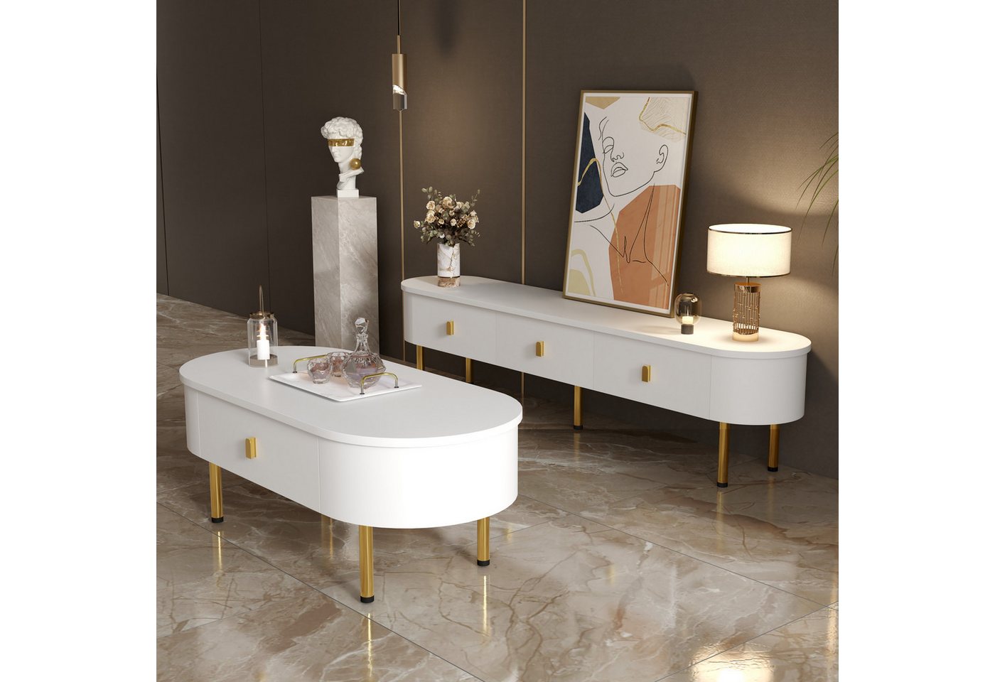 REDOM Wohnzimmer-Set mit goldenen Akzenten Design, (Wohnzimmermöbel-Set, 2-St., mit praktischen Schubladen), Mit hochwertiger Lackierung,pflegeleicht von REDOM