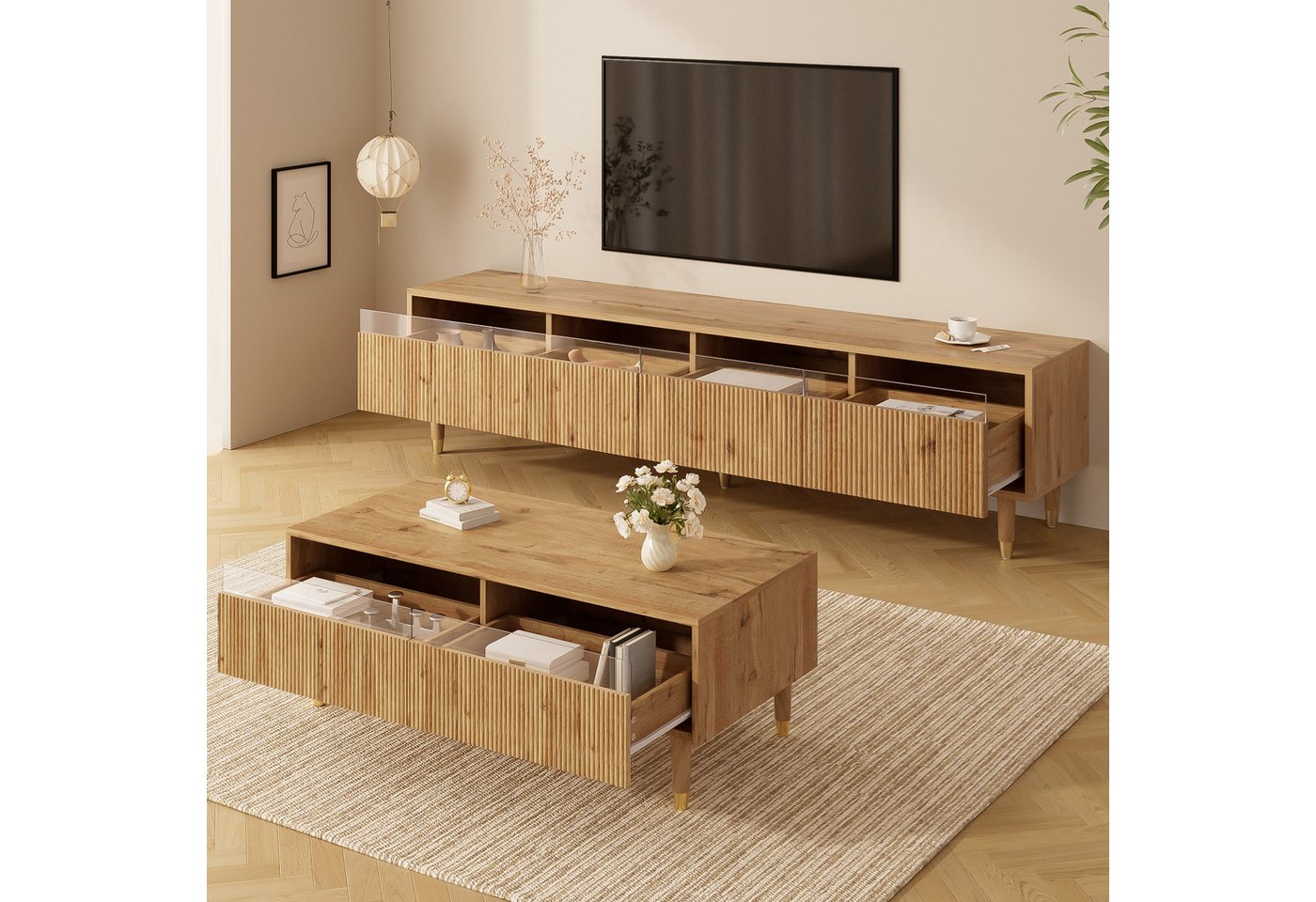 REDOM Wohnzimmer-Set mit LED-beleuchteter, (TV-Schrank+Wohnzimmertisch, 2-St., 3D-Wellen-Design,Acrylplatten), mit vier Türen,zwei Schubladen von REDOM