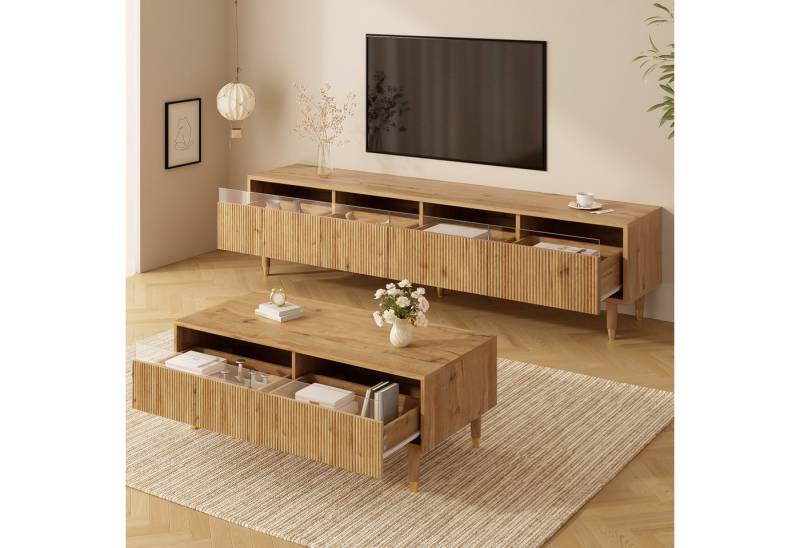 REDOM Wohnzimmer-Set mit LED-beleuchteter, (TV-Schrank+Wohnzimmertisch, 2-St., 3D-Wellen-Design,Acrylplatten), mit vier Türen,zwei Schubladen von REDOM