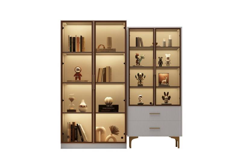 REDOM Standvitrine Vitrinenschrank Glasvitrine Bücherschrank Büroschrank Vitrine Schrank (Hochschrank mit LED-Beleuchtung und höhenverstellbaren Einlegeböden, 2-St., Aktenschrank Bücherregal Sammlervitrine Wohnzimmerschrank) mit 4 Türen 6 Fächern für Wohnzimmer Küche Esszimmer Büro von REDOM