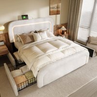 Bettgestell mit USB-Typ-C-Ladefunktion, LED-Beleuchtung und 4 Schubladen, gepolstertes Doppelbett 140x200 cm, höhenverstellbares Kopfteil, Bettgestell mit USB-Typ-C-Ladefunktion, LED-Beleuchtung und 4 Schubladen, gepolstertes Doppelbett 140x200 cm, höhenverstellbares Kopfteil, von REDOM