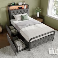 Redom - Gepolstertes Einzelbett mit Ladefunktion, APP-Steuerung, USB-Typ-C-LED-Bettgestell, 90 x 200 cm, Metallbettgestell und 2 Schubladen, Samt Redom - Gepolstertes Einzelbett mit Ladefunktion, APP-Steuerung, USB-Typ-C-LED-Bettgestell, 90 x 200 cm, Metallbettgestell und 2 Schubladen, Samt von REDOM