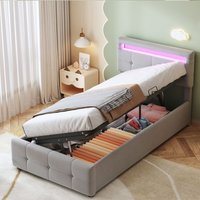 Gepolstertes Kinderbett 90 x 200 cm, mit LED-Beleuchtung, hydraulisches Stauraumbett, höhenverstellbares Kopfteil, erhöhtes Stauraum-Einzelbett, von REDOM