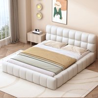 Redom - Polsterbett 140 x 200 cm, Jugendbett, Doppelbett mit weicher Rückenlehne, flaches Bett mit gepolstertem Rand, Lattenrost aus beigem Leinen von REDOM