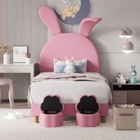 Polsterbett 90x200, mit zwei Stauraumhockern, LED-Nachttischbeleuchtung, klappbare Hasenohren, ohne Matratze, Jugendbett, Lattenrost, von REDOM