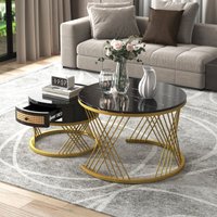 Redom - Runder 2-in-1-Couchtisch aus mdf, Beistelltisch mit Marmorplatte und Schubladen aus Kunststoffrattan, Griffe aus Massivholz. Füße aus von REDOM