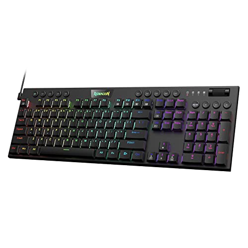 Redragon K619 Horus RGB mechanische Tastatur, ultradünne kabelgebundene Gaming-Tastatur mit flachem Profil-Tastenkappen, dedizierter Mediensteuerung und linearem roten Schalter, unterstützt Software von Redragon