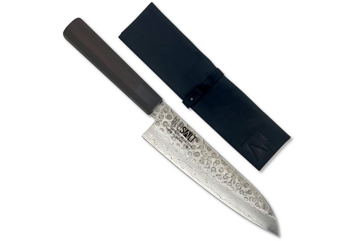 REDSALT® Damastmesser SANTOKU 18cm Profi Küchenmesser mit Ledertasche & Klingenschutz, handgefertigt, Made in Japan von REDSALT®