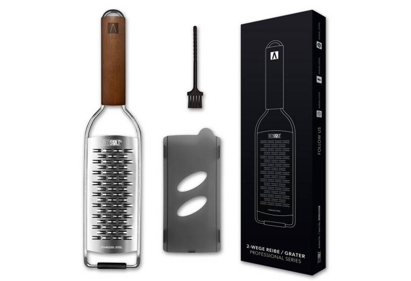 REDSALT® Käsereibe 2-Wege Reibe mit Holzgriff rasiermesserscharf für feine Streifen, Zwei Wege, Feine rostfreie Edelstahlklinge in INOX 18/10 Qualität von REDSALT®