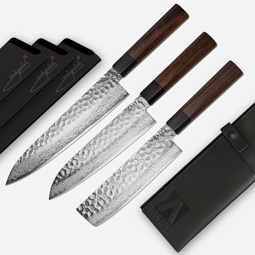 REDSALT® Professional Series 3er Messerset Gyuto Santoku Nakiri handgefertigt in Japan | Profi Kochmesser mit Messerscheide & Ledertasche | Damast Hammerschlag Klinge | Damastmesser Küchenmesser von REDSALT