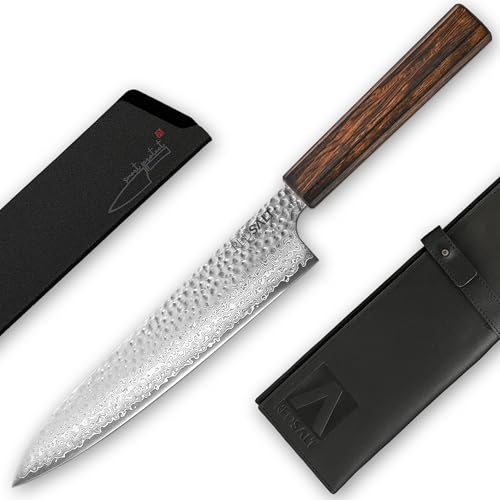 REDSALT® Professional Series GYUTO 牛刀 21cm Damaststahl 69 Lagen Chefmesser handgefertigt in Japan | Profi Kochmesser & Ledertasche | Damast Hammerschlag Klinge | Damastmesser Küchenmesser von REDSALT