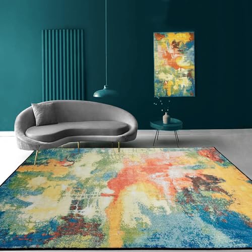 REDTAPISE Teppich Wohnzimmer Schlafzimmer 120 x 180 cm, Bunte Abstrakte Print Design Modern Teal Blau Grün Rot Orange Senf Gelb, Waschbar Anti-Rutsch Teppich Deko In & Outdoor, von REDTAPISE