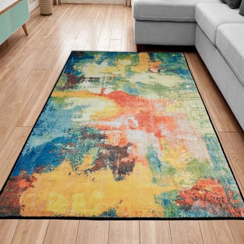 REDTAPISE Waschbare Teppiche Wohnzimmer Schlafzimmer Deko 140 x 200 cm, Bunte Abstrakte Print Design Modern Teal Blau Grün Rot Orange Senfgelb, Weiche Kurzflor Teppich Anti-Rutsch Unterseite, von REDTAPISE