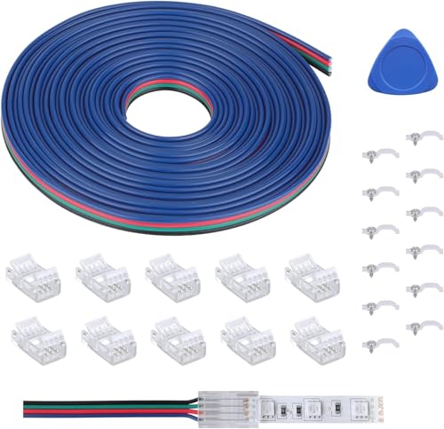 REDTRON 4PIN LED-Streifen-Verlängerungskabel, lötfreies LED-Streifen-Verbindungskit mit 5m Verlängerungskabel und 10 Stück Steckern für 22AWG 10mm 5050 RGB LED-Streifen-Leuchten von REDTRON