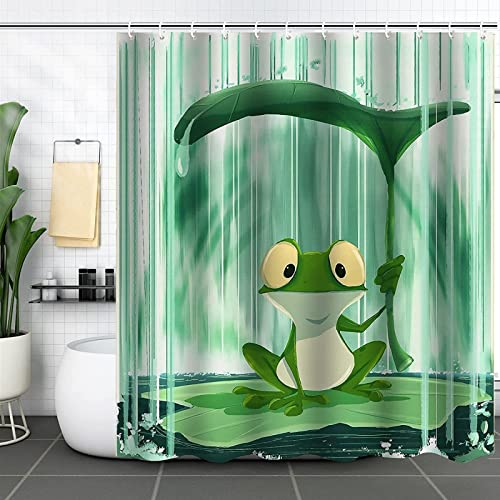 REECES Frosch Duschvorhang 180x200 cm 3D Süßer Frosch Duschvorhang Antischimmel Textil Duschvorhang Polyester Stoff Wasserdicht Duschvorhänge für Badezimmer, Bad Vorhang mit 12 Haken von REECES