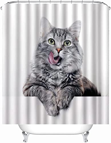REECES Grau Duschvorhang 120 x 200 cm, 3D Katze Duschvorhang Anti-Schimmel Textil, Shower Curtains Polyester Stoff Wasserdicht Duschvorhänge für Badezimmer, Bad Vorhang mit 8 Haken von REECES