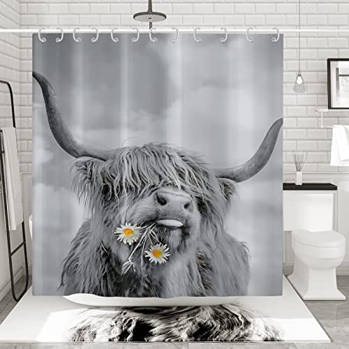REECES Graues Hochlandrind Duschvorhang 180x180 cm 3D Ochse Duschvorhang Antischimmel Textil Duschvorhang Polyester Stoff Wasserdicht Duschvorhänge für Badezimmer, Bad Vorhang mit 12 Haken von REECES