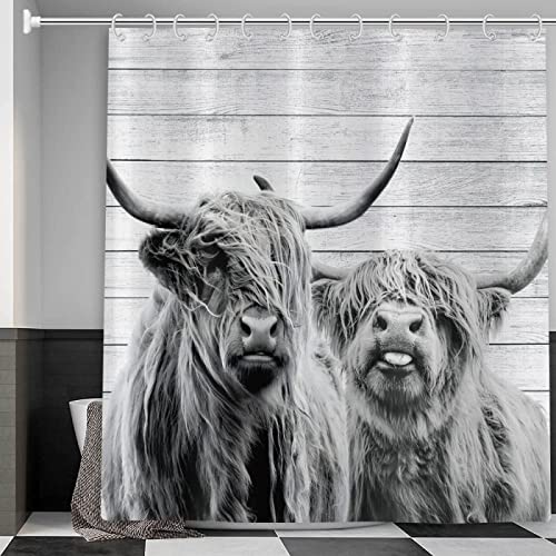 REECES Hochlandvieh Duschvorhang 120 x 200 cm 3D Graue Kuh Duschvorhang Antischimmel Textil Duschvorhang Polyester Stoff Wasserdicht Duschvorhänge für Badezimmer, Bad Vorhang mit 8 Haken von REECES