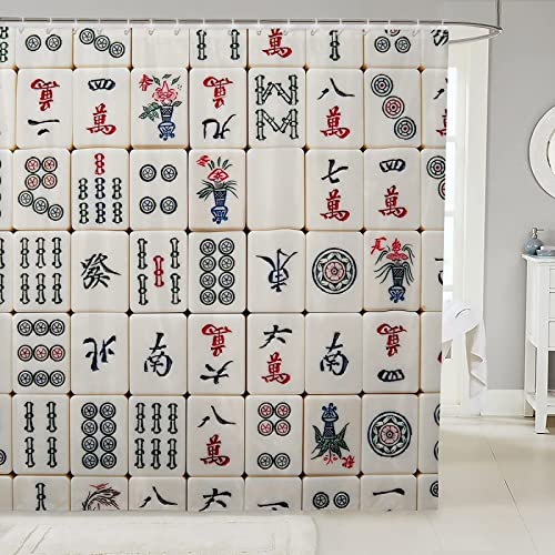 REECES Mahjong Duschvorhang 180x180 cm, Duschvorhang Anti-Schimmel Textil, Shower Curtains Polyester Stoff Wasserdicht Duschvorhänge für Badezimmer, Bad Vorhang mit 12 Haken von REECES