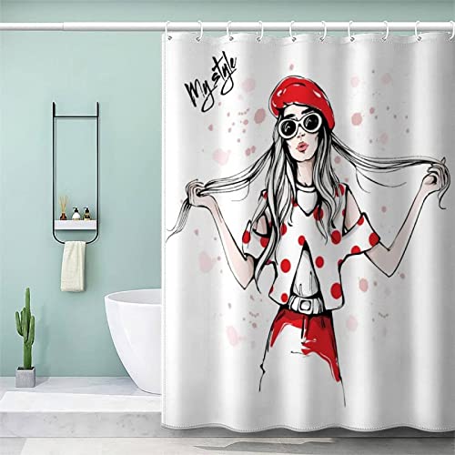 REECES Mode Duschvorhang 180x180 cm, 3D Mädchen Duschvorhang Anti-Schimmel Textil, Shower Curtains Polyester Stoff Wasserdicht Duschvorhänge für Badezimmer, Bad Vorhang mit 12 Haken von REECES