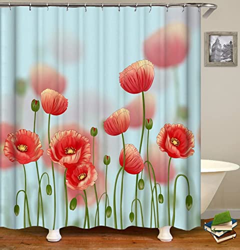 REECES Mohn Duschvorhang 180x180 cm 3D Rot Duschvorhang Antischimmel Textil Duschvorhang Polyester Stoff Wasserdicht Duschvorhänge für Badezimmer, Bad Vorhang mit 12 Haken von REECES