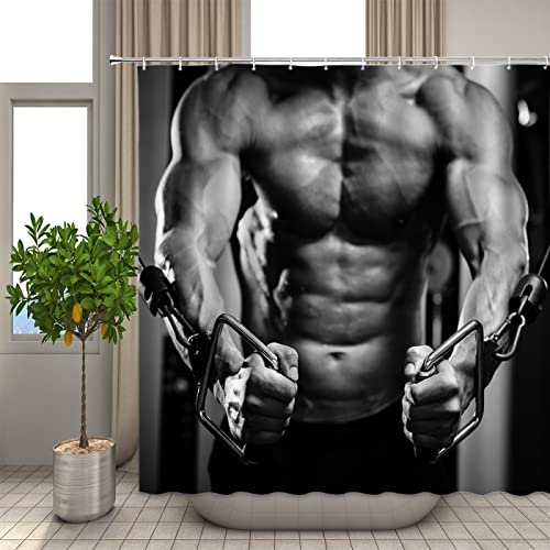 REECES Sexy Nackt Duschvorhang 120 x 200 cm 3D Fitness-Mann Duschvorhang Antischimmel Textil Duschvorhang Polyester Stoff Wasserdicht Duschvorhänge für Badezimmer, Bad Vorhang mit 8 Haken von REECES