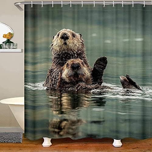 REECES Süßer Otter Duschvorhang 120 x 200 cm, 3D Ottertier Duschvorhang Anti-Schimmel Textil, Shower Curtains Polyester Stoff Wasserdicht Duschvorhänge für Badezimmer, Bad Vorhang mit 8 Haken von REECES
