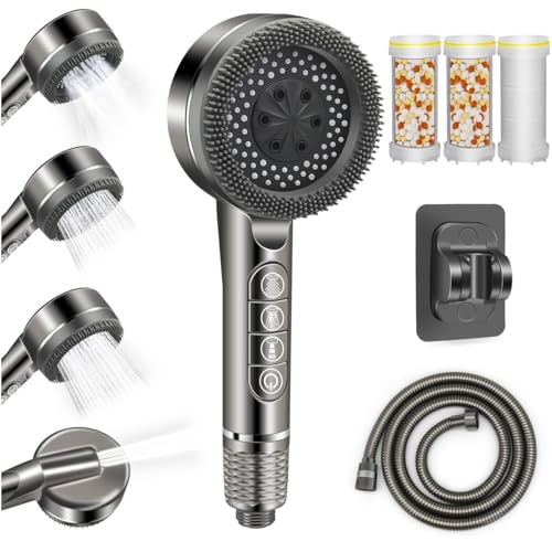 Duschkopf mit Filter REETEE Duschbrause mit Schlauch 4 Strahlarten Hochdruck Handbrause,Sparduschkopf mit Antikalk-Funktion, Duschkopf Wassersparend für Hartes Wasser/Bakterien/Rest-Chlor (grau) von REETEE