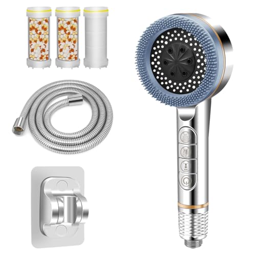 Duschkopf mit Filter REETEE Duschbrause mit Schlauch 4 Strahlarten Hochdruck Handbrause,Sparduschkopf mit Antikalk-Funktion, Duschkopf Wassersparend für Hartes Wasser/Bakterien/Rest-Chlor (silbrig) von REETEE