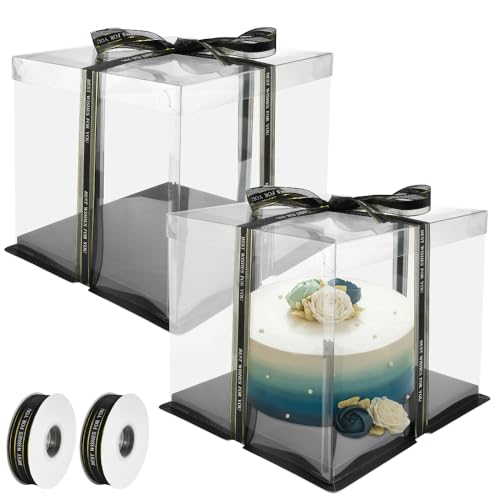 REFORUNG 2 Stück Transparente Kuchenbehälter 8 inch Cake Box mit Deckel Tortenschachtel Tortenkarton Tortenbox Transparente Geschenkbox Doppelschicht Kuchenbox mit Band für Geburtstag Dessert von REFORUNG