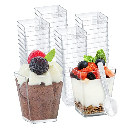 REFORUNG Desserttassen 50 Stück Plastik Dessertbecher mit Löffeln 160ML Dessertschalen Set Mini Desserttasse Wiederverwendbar Trapezoid Dessertschalen für Dessert Pudding Mousse Party Picknick von REFORUNG