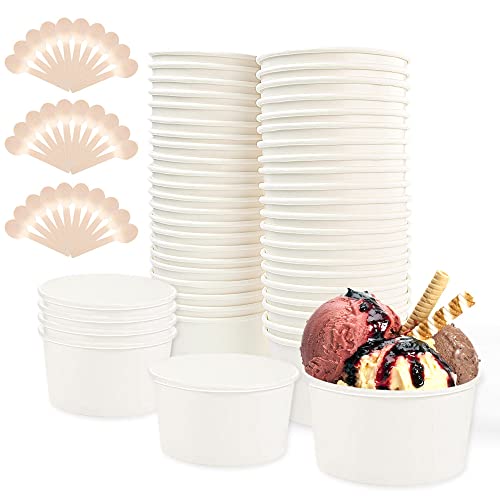 REFORUNG Eisbecher aus Pappe 50 Stück Umweltfreundliche Universal Karton Einwegschalen 240ml Einweg-Kuchenbecher Papier Eisbecher Becher mit 50 Holzlöffel für Eisbecher Gefrorenen Joghurt Suppe, Weiß von REFORUNG
