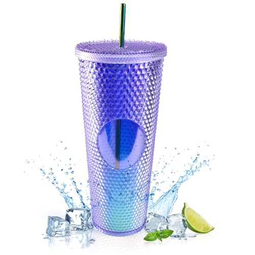 REFORUNG Nieten Becher mit Deckel und Edelstahl Strohhalm 710ml Doppelwandiger Kaltbecher aus Kunststoff Trinkbecher Kunststoffbecher mit Nieten Reisebecher für Eiskaffee oder Wasser to Go LilaGrün von REFORUNG