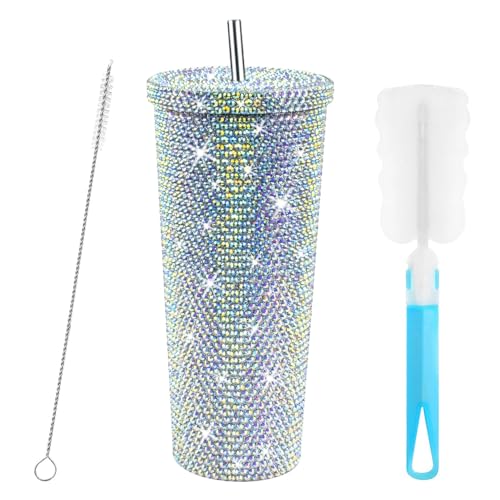REFORUNG Thermobecher aus Edelstahl 750ml Strass-Trinkbecher mit Deckel und Diamond Tumbler Doppelwandiger Thermobecher Glitzernder Edelstahl-Isolierbecher für Eiskaffee oder Wasser to Go von REFORUNG