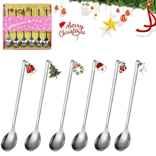 REFORUNG Weihnachtslöffel 6-teiliges Weihnachts kaffee Löffel Edelstahl-Löffel-Kochset mit Weihnachtsanhänger Rührlöffel Teelöffel Dessertlöffel, Weihnachtsbesteck Geschenkbox Party Tischdekorationen von REFORUNG