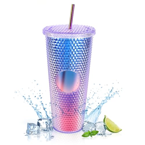 REOFRUNG Nieten Becher mit Deckel und Edelstahl Strohhalm 710ml Doppelwandiger Kaltbecher aus Kunststoff Trinkbecher Kunststoffbecher mit Nieten Reisebecher für Eiskaffee oder Wasser to Go von REFORUNG